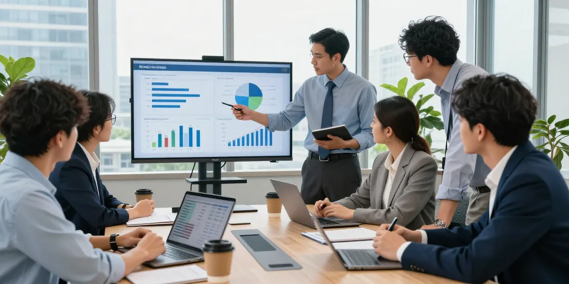 Bizop team collaborating on business strategies in a modern office setup.