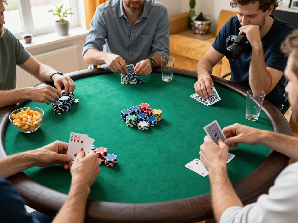 B52club players enjoying an exciting poker night with colorful chips and friendly competition.