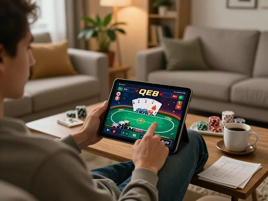 Player enjoying poker on QE8 app during a cozy online gaming session at home