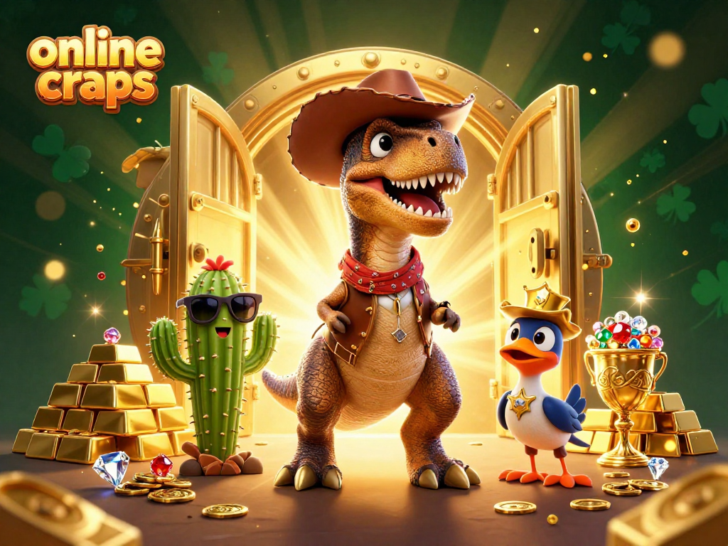 Play online craps with excitement alongside a cowboy dinosaur and friends in this vibrant illustration.
