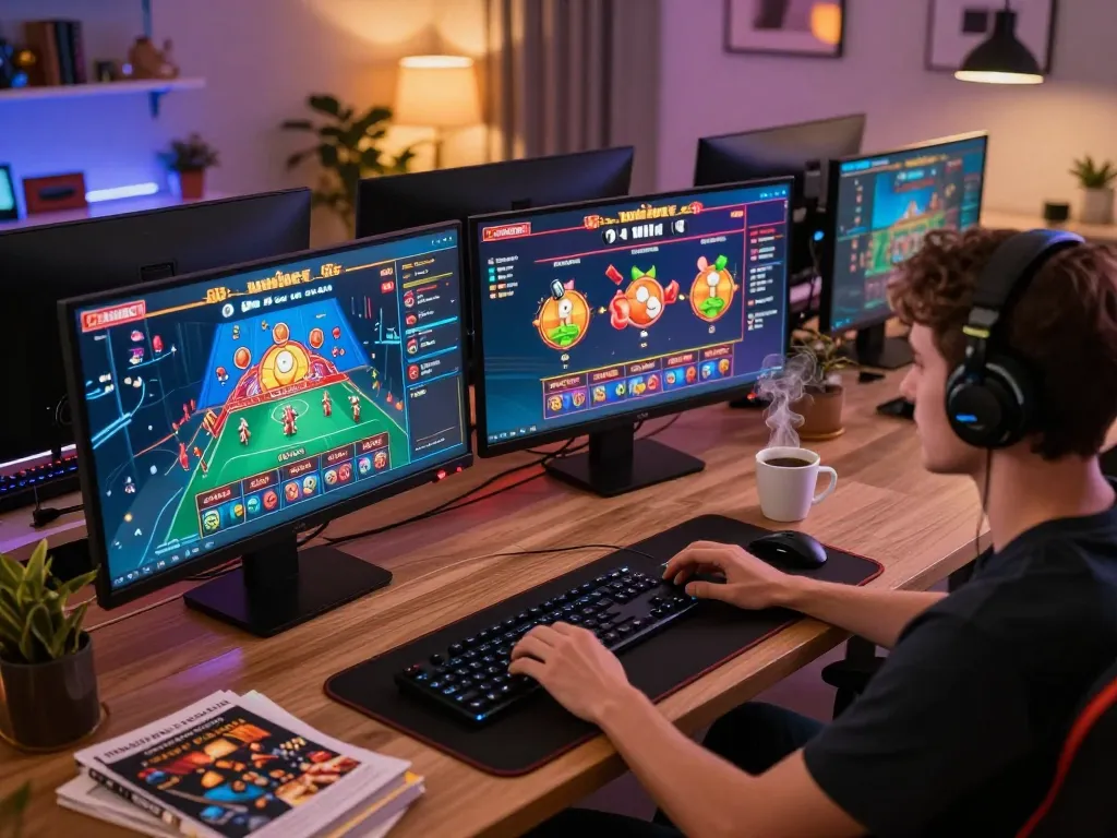 Gambling enthusiast engaged in Iwin net games on multiple screens, showcasing strategic gameplay.