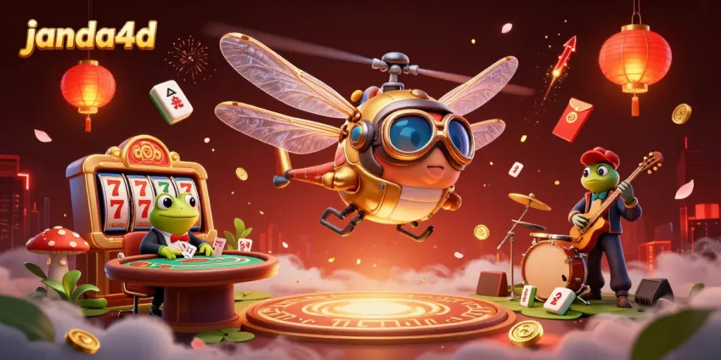 Permainan kartu janda4d di kasino dengan croupier kodok dan slot bertema ceria.