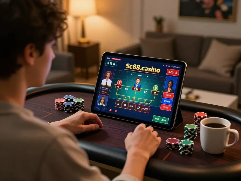 Experience online blackjack excitement at https://sc88.casino/ with vibrant gameplay depicted on a tablet.