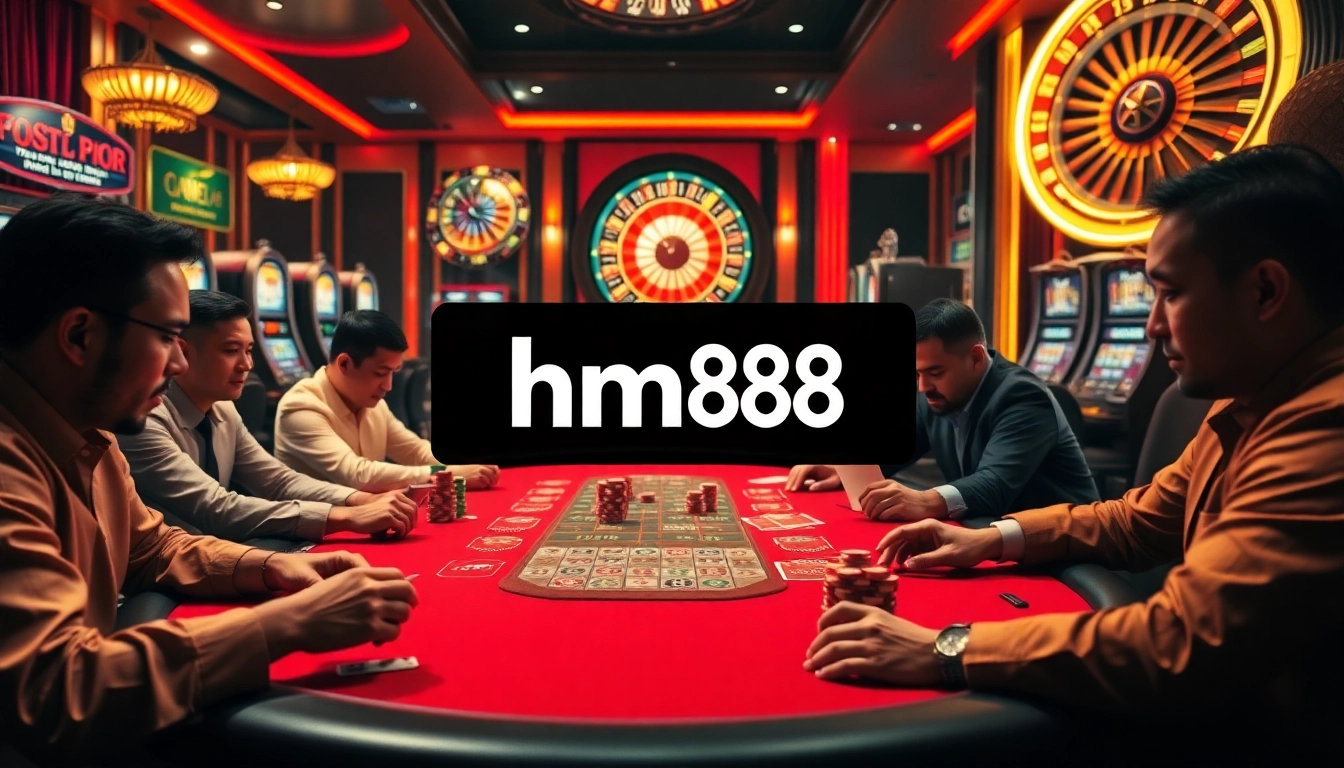 Engaging hm88 casino scene with poker players, chips, and a roulette wheel highlighting excitement.