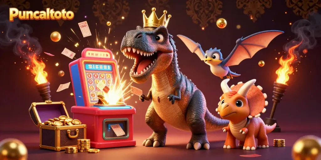 Puncaktoto mempersembahkan ilustrasi kartun 3D dengan T-Rex dan teman-teman yang meriah, menggambarkan suasana lotere.