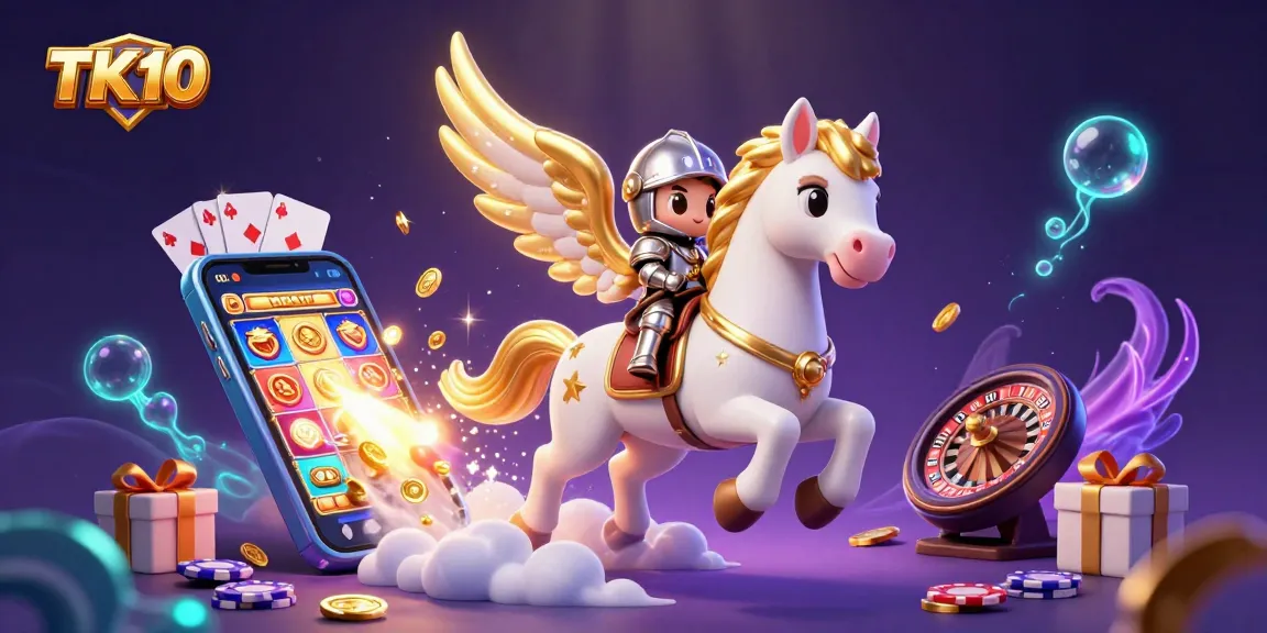 Bet on TK10 with a celestial horse and knight, surrounded by dynamic casino elements.