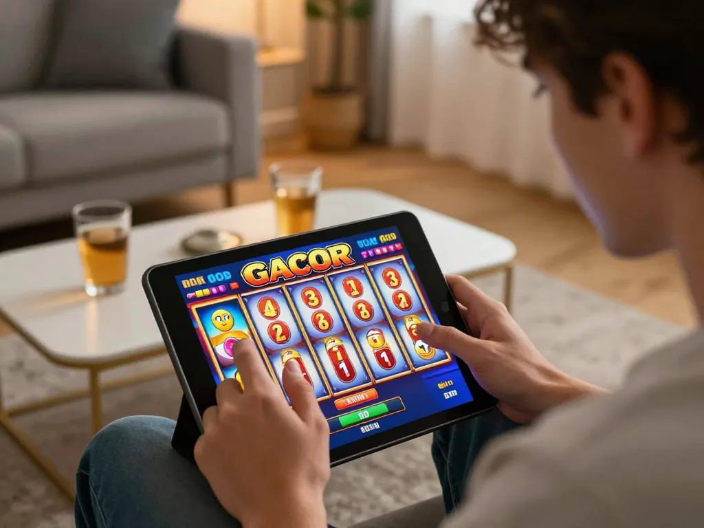 Player enjoying a thrilling slot gacor game on their tablet in a cozy home setting.