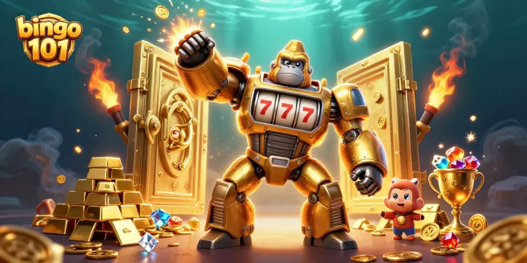 Experience thrilling gameplay with bingo 101 in this dynamic scene featuring a golden gorilla mech amidst treasures.