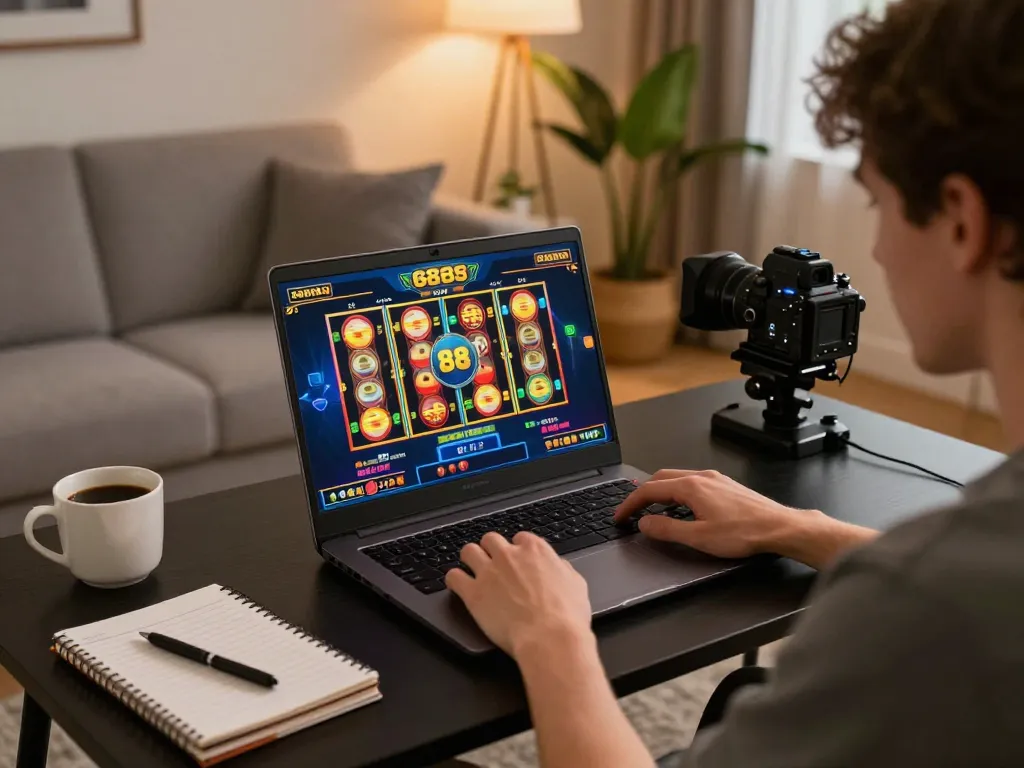 Engaging in a vibrant slot88 game on a laptop in a cozy living room setup.