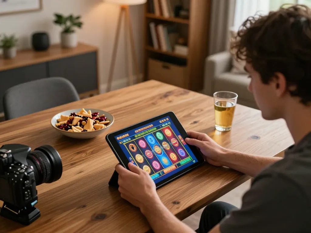 Playing online slots on a tablet at home, showcasing sc88vn's engaging gaming experience.