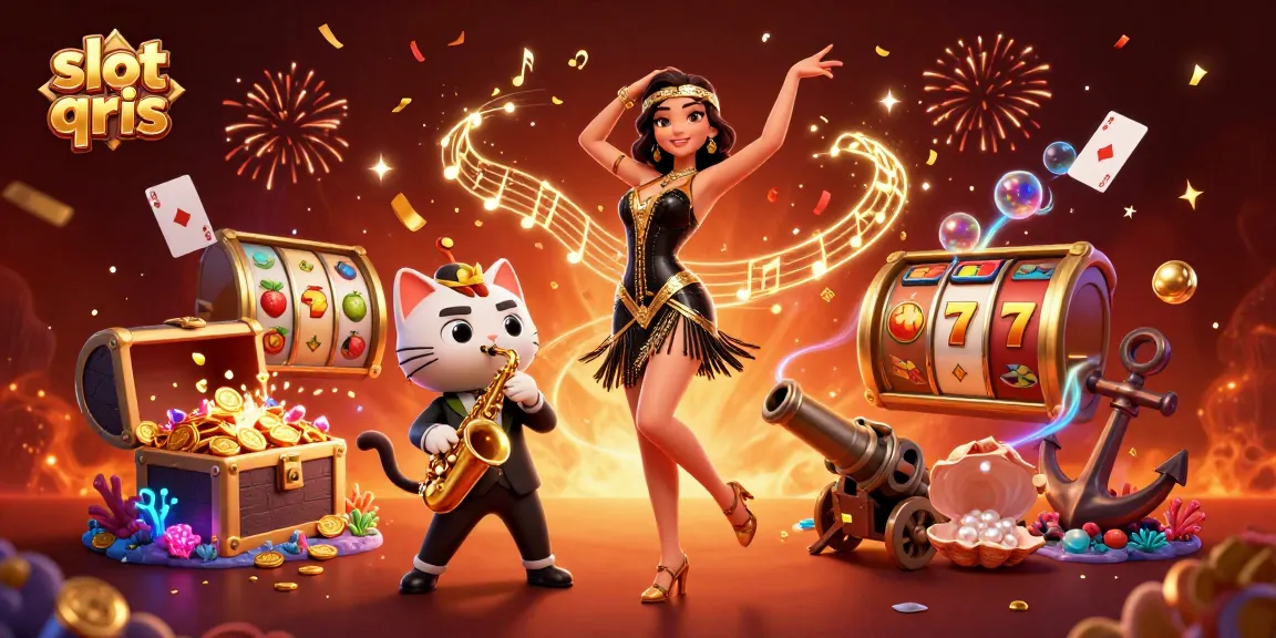Play exciting slot qris games with a vibrant scene featuring dynamic characters and celebratory elements.