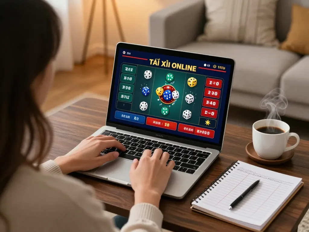 Tài Xỉu Online gameplay displayed on a laptop, showcasing strategic betting in a cozy home setting.