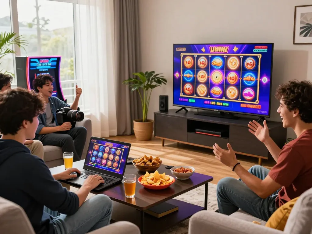 Teman-teman menikmati laoban188 slot online di ruang tamu yang nyaman dengan suasana permainan yang cerah.