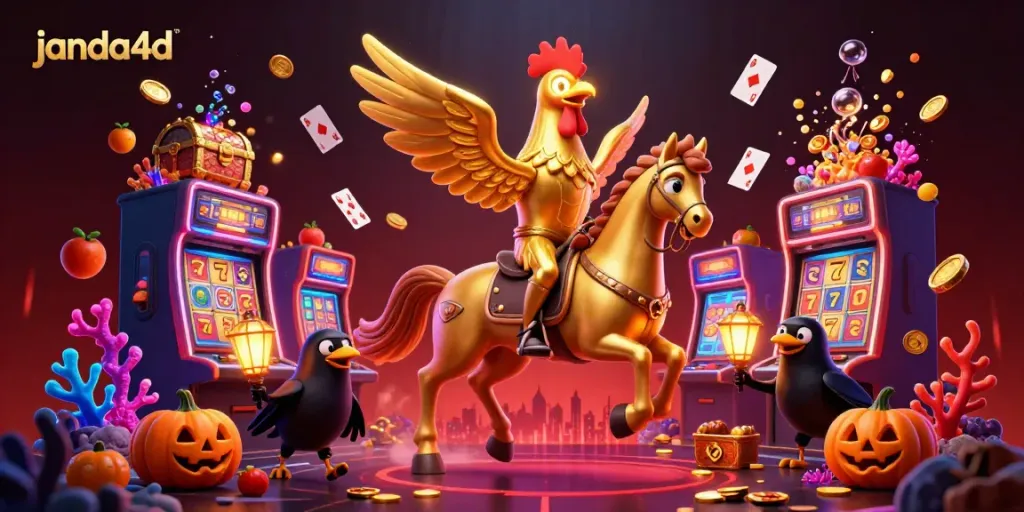 Permainan slot janda4d dengan karakter ayam jantan emas di kasino malam magis.