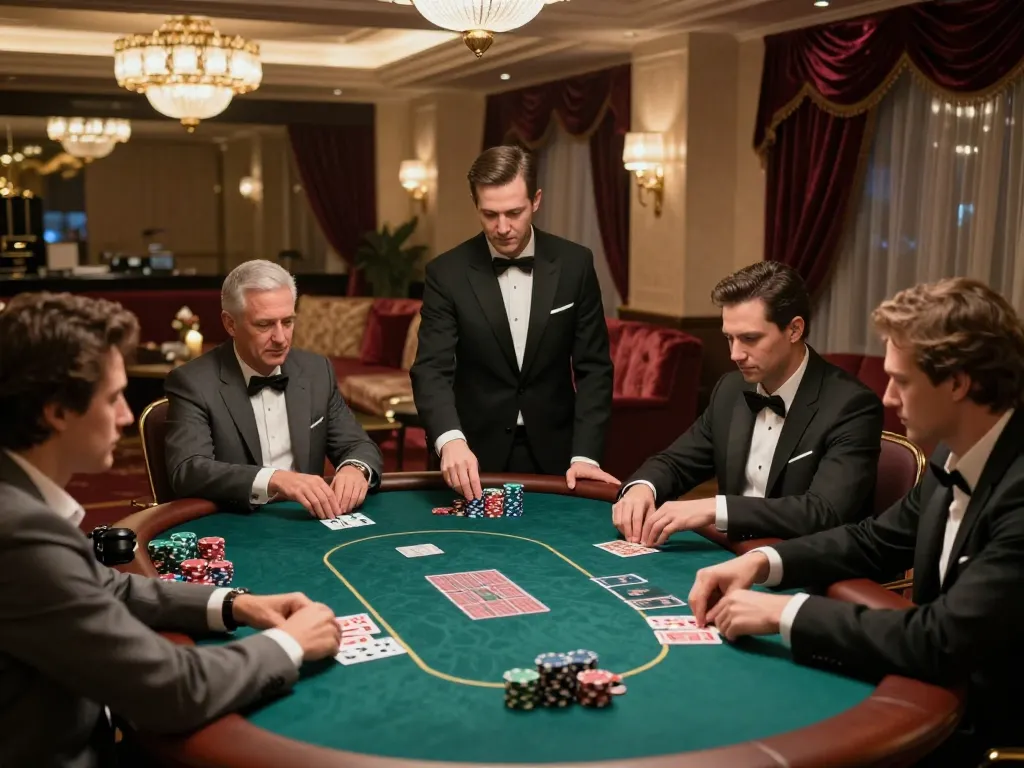 High-stakes poker game at 388bet featuring focused players and elegant atmosphere.
