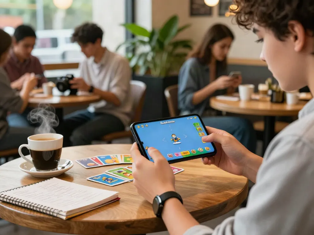 Exciting scene of a young adult enjoying Rumble Rummy app in a coffee shop with cards and coffee.