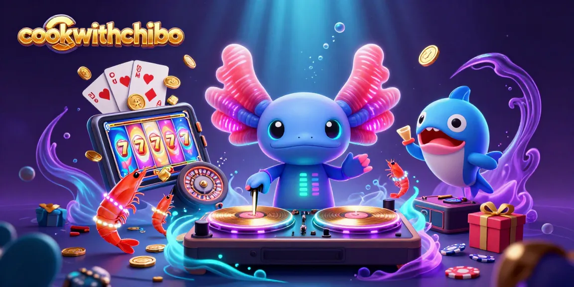 Engage with cookwithchibo's vibrant casino scene featuring a neon axolotl DJ amidst dynamic gaming elements.