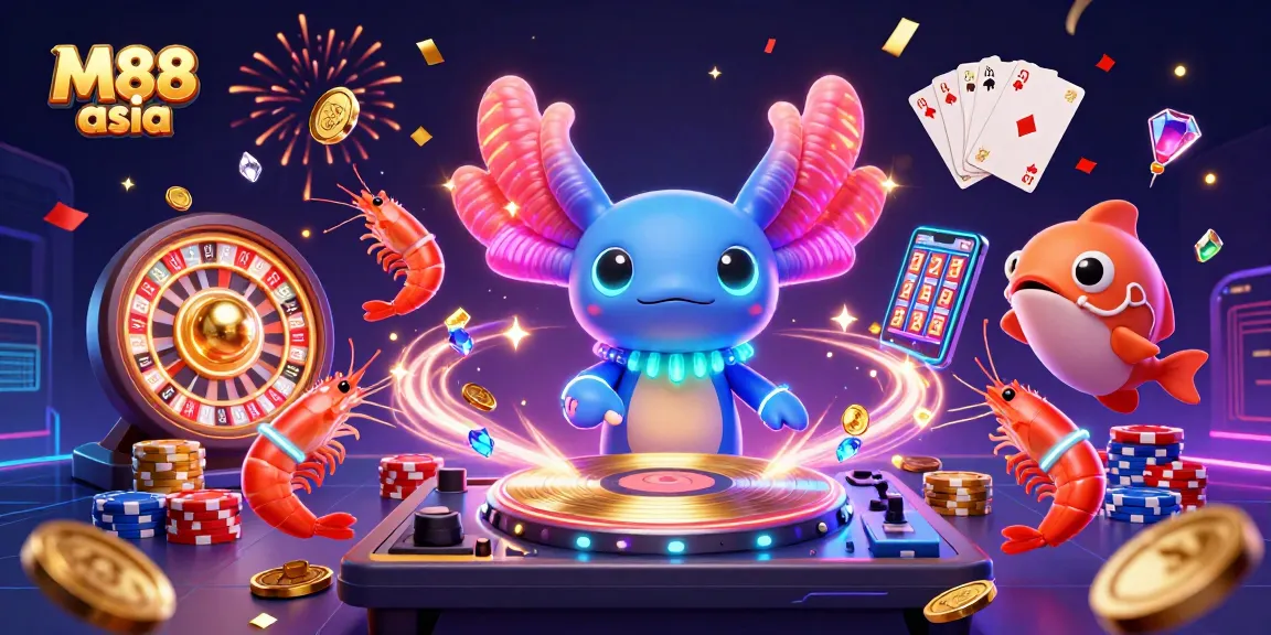 M88 asia showcases vibrant casino excitement with neon characters and cascading winnings.