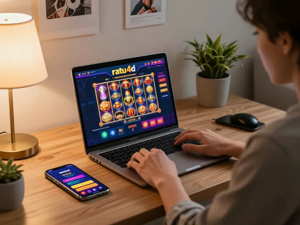 Player engaging with the ratu4d online casino platform on a laptop at home, showing vibrant game interface and scene.