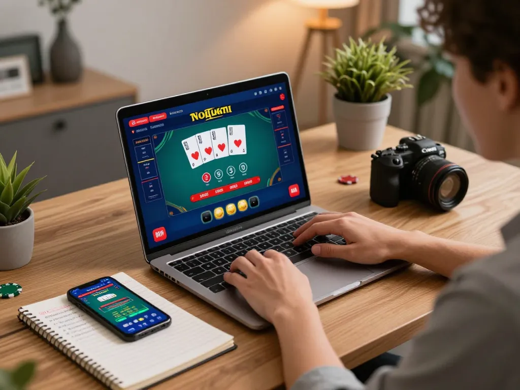 User engaging with online poker game through mb66ac laptop, showcasing strategic gameplay and a cozy home setting.
