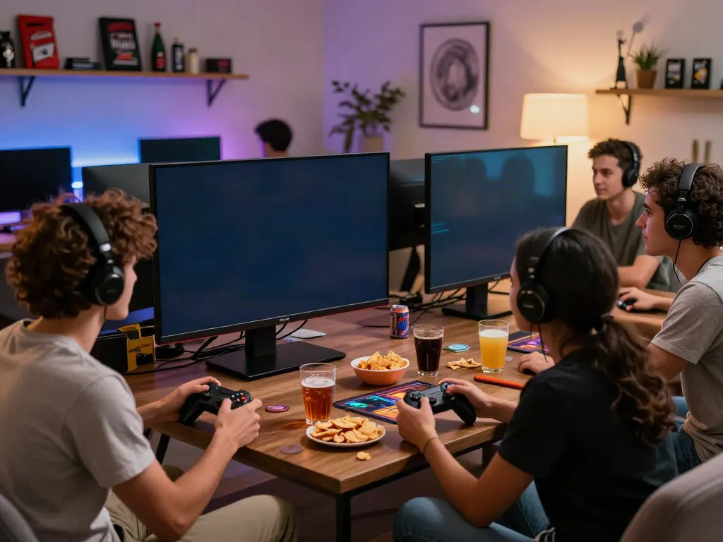 Friends enjoying akunjp online gaming in a cozy living room.