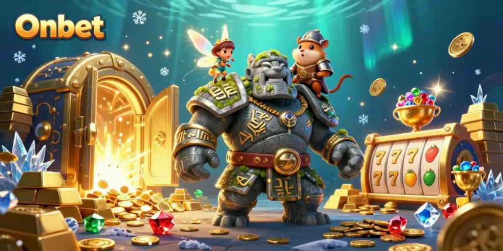 Experience the magic of Onbet in this vibrant 3D illustration featuring a golem, fairy, and hamster knight.
