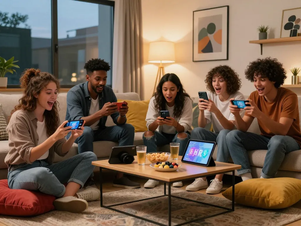 Friends engaging with mobile porn games in a cozy living room, showcasing excitement and social interaction.