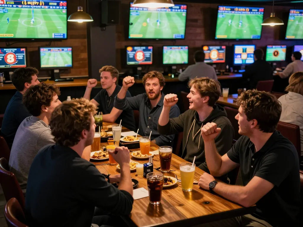 Engaged friends celebrating winning bets at 789F in vibrant sports bar atmosphere.