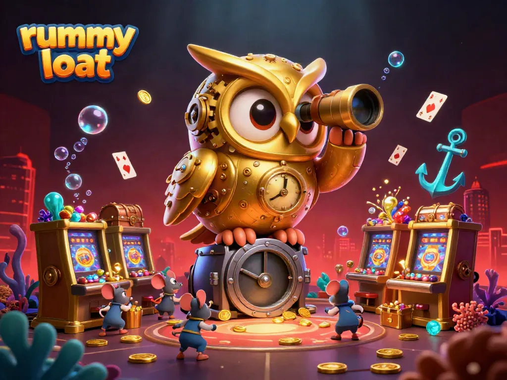 Engage with rummy loot through a vibrant 3D scene featuring a golden owl and mouse patrons in a rich casino environment.