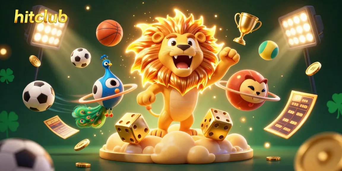 Hitclub showcases a vibrant 3D illustration of a roaring sun lion amidst dynamic sports elements, enticing bettors.