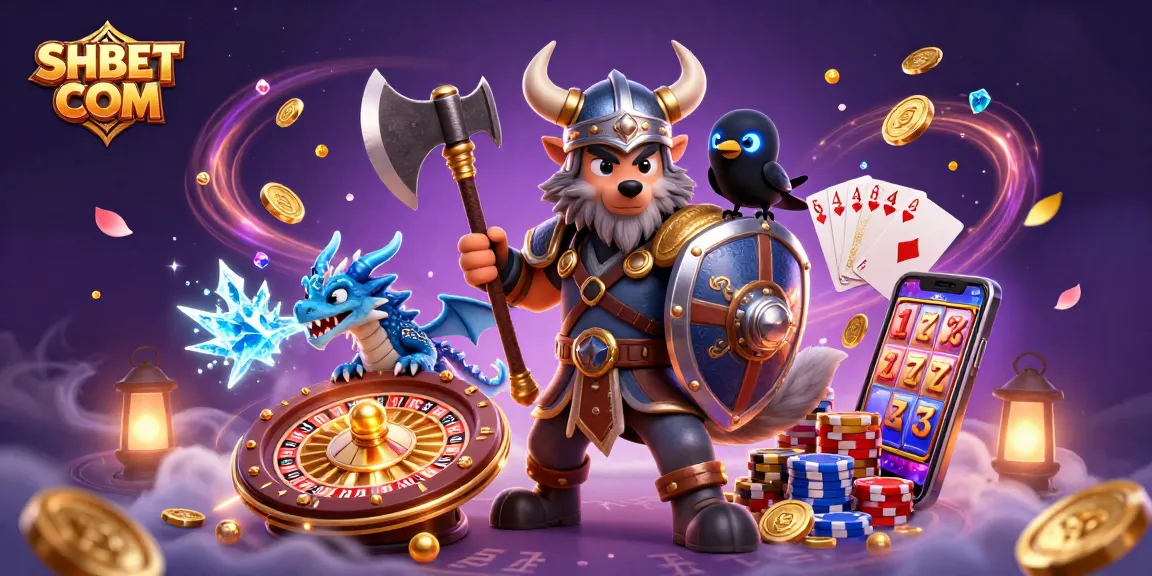 Win big with SHBET COM in this vibrant illustration of a Viking wolf warrior, fierce dragon, and raven.