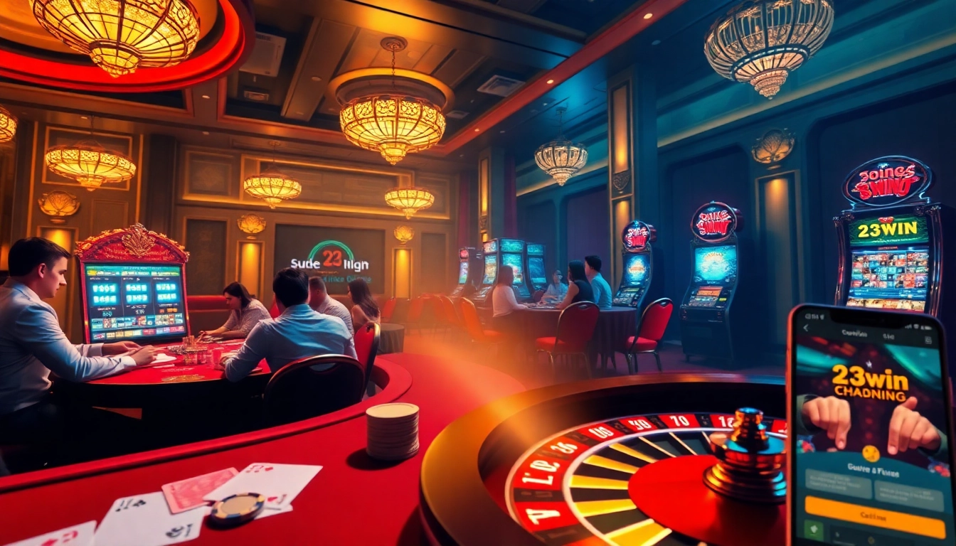 Experience the thrill of 23win nhà cái with players enjoying a vibrant casino atmosphere, featuring poker and roulette games.