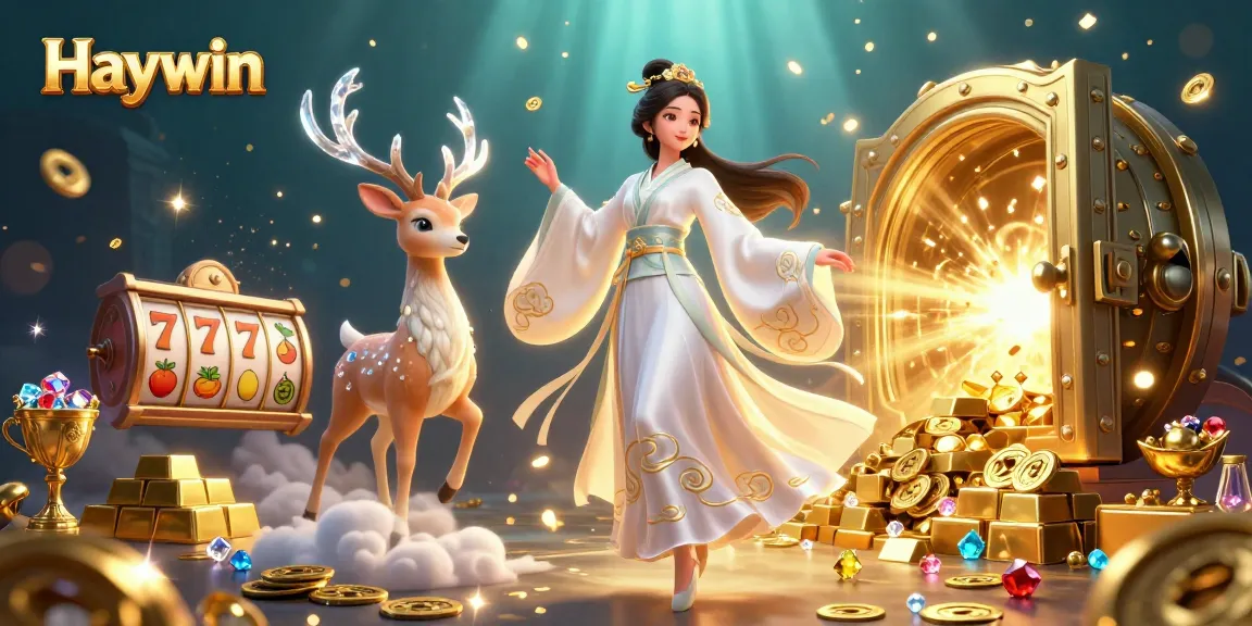 Experience the excitement of Haywin with spinning slot reels, golden treasures, and an ethereal scene.