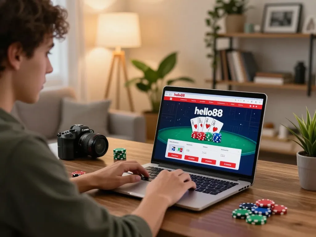 Hello88 online gaming session showing a player making strategic decisions while enjoying a relaxed home atmosphere.