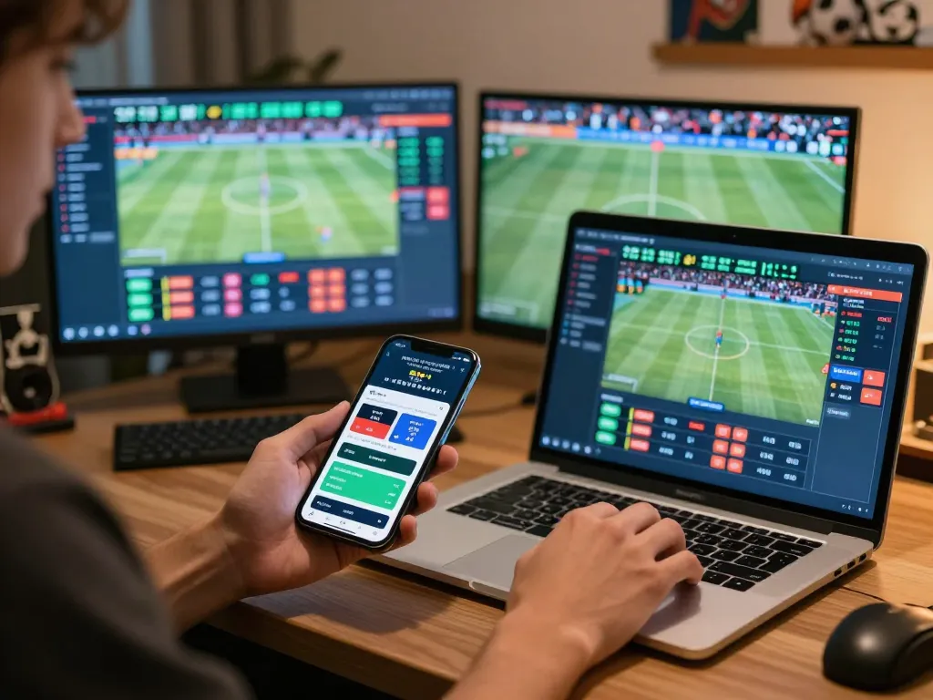 Engaging in soi keo nha cai strategies while placing sports bets at home with multiple screens.