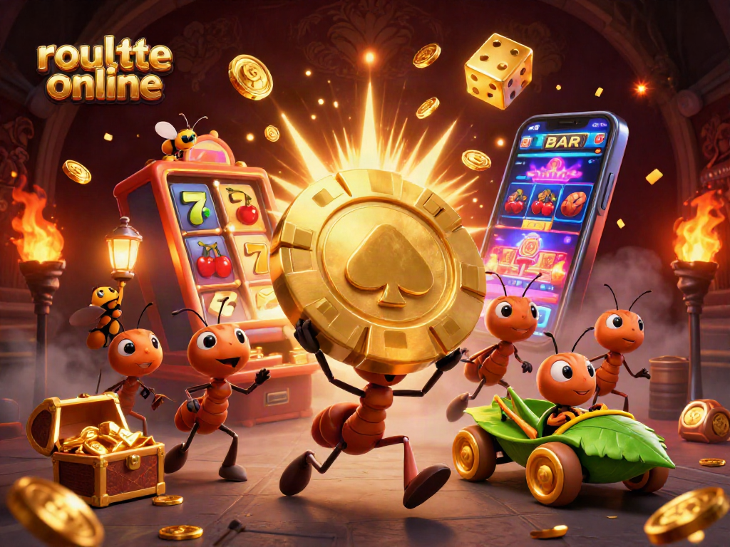 Exciting scene depicting a heist by ants carrying a golden poker chip in the world of roulette online.