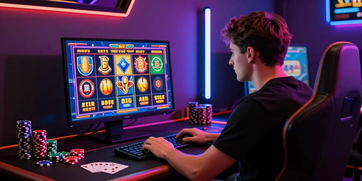 Player enjoying bonus buy slots uk on a modern desktop in a vibrant casino-themed setting with colorful chips and engaging graphics.