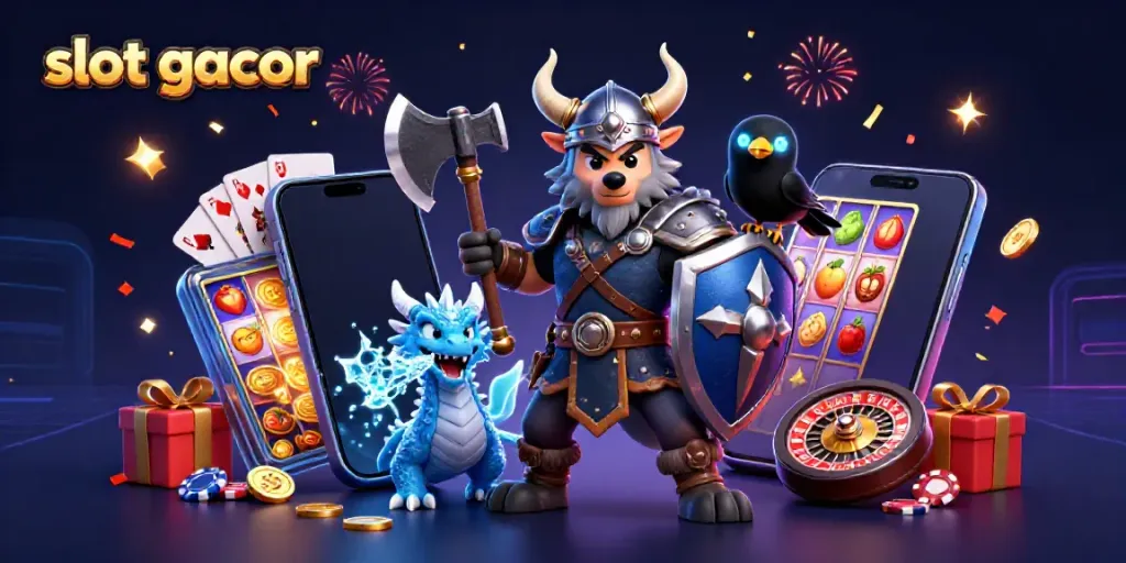 Engage with slot gacor adventures featuring a Viking wolf warrior, fierce dragon, and vibrant casino elements.