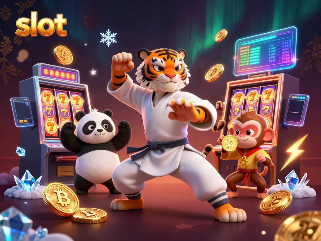 Engage with the vibrant slot scene featuring a kung fu tiger master and playful characters amidst glowing symbols.