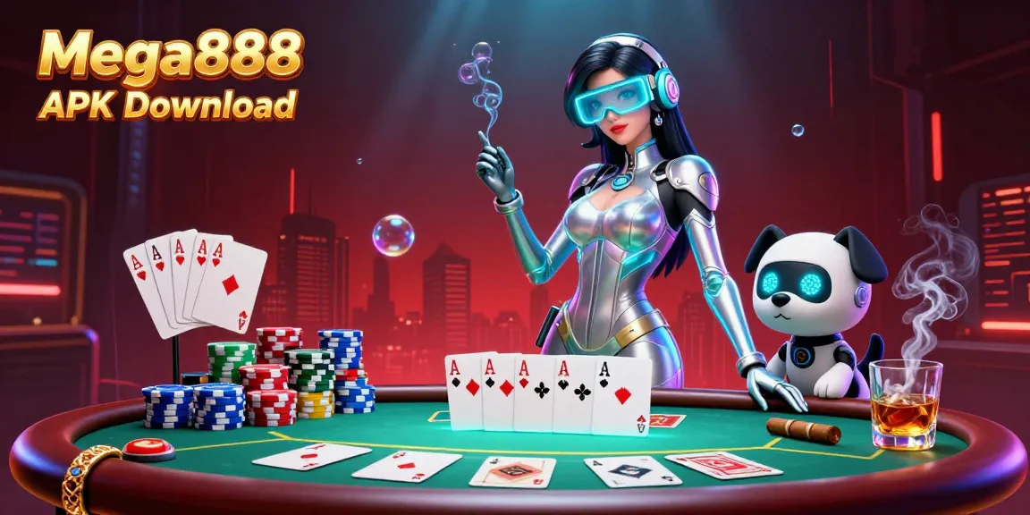 Mega888 APK Download offers a vibrant casino experience with a dynamic scene of poker elements and animated characters.