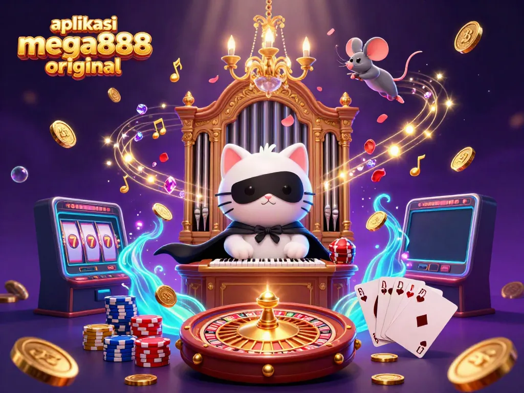Engage with the aplikasi mega888 original in a vibrant casino scene filled with characters and games.