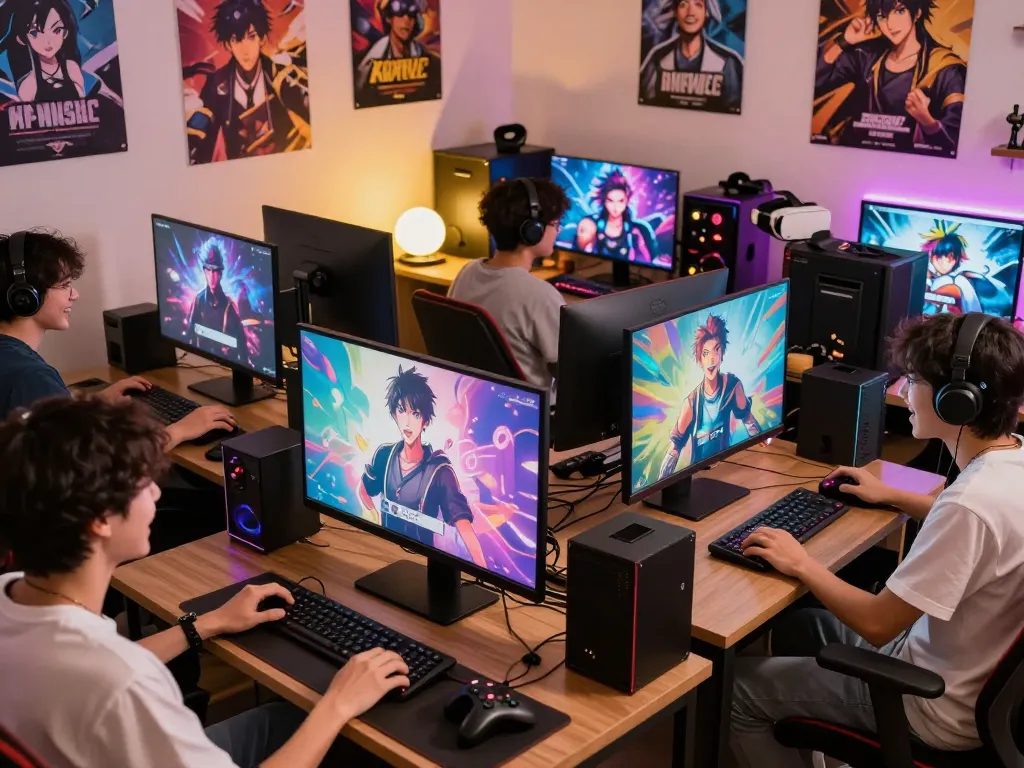 Players enjoying porngames in a cozy gaming room with vibrant screens and friendly atmosphere.