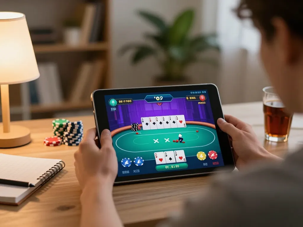Engaging online poker gameplay session at home showcasing megaplus88 gaming strategy