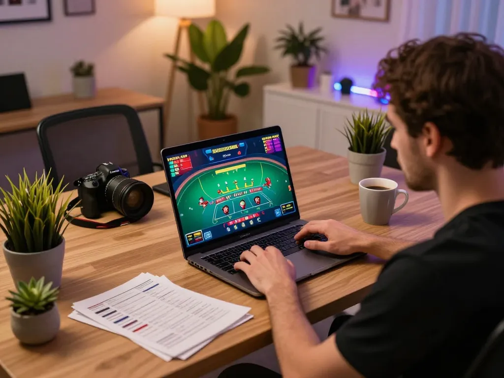 Engaged player immersing in online blackjack with laptop displaying the game, keyword 5679 in focus.