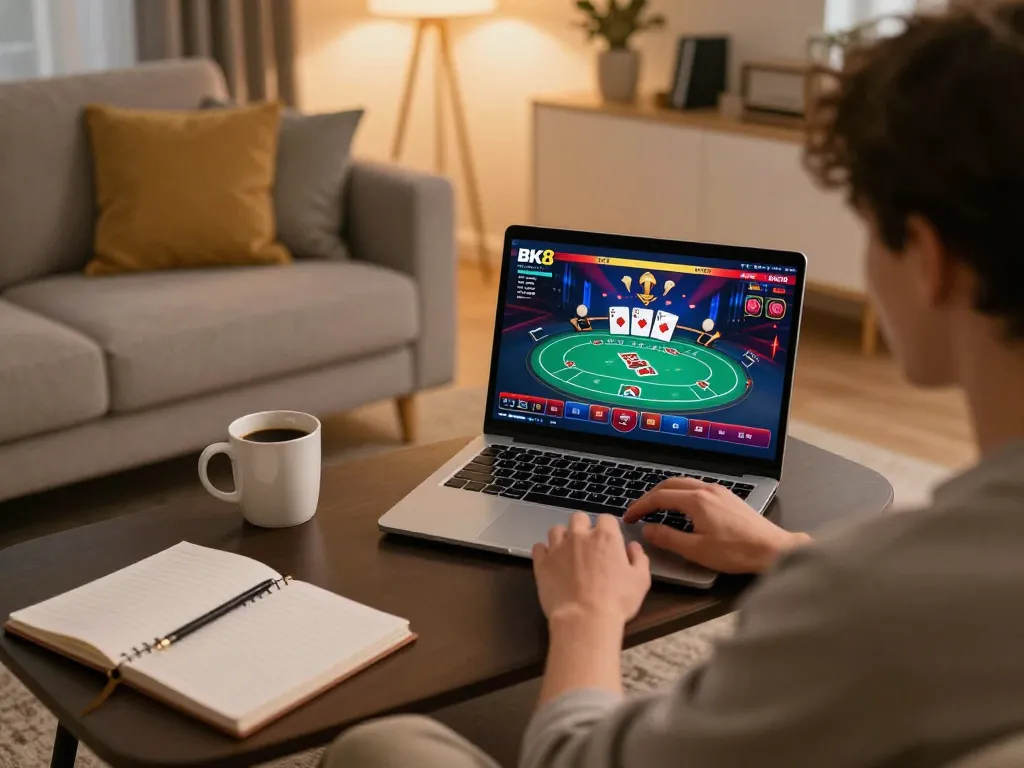 Player enjoying BK8 online casino on laptop while relaxing at home with strategic notes.
