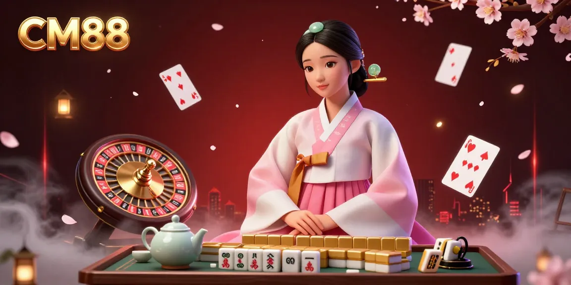 Experience exciting gameplay at CM88 with a beautiful Asian woman in a serene setting surrounded by vibrant casino elements.