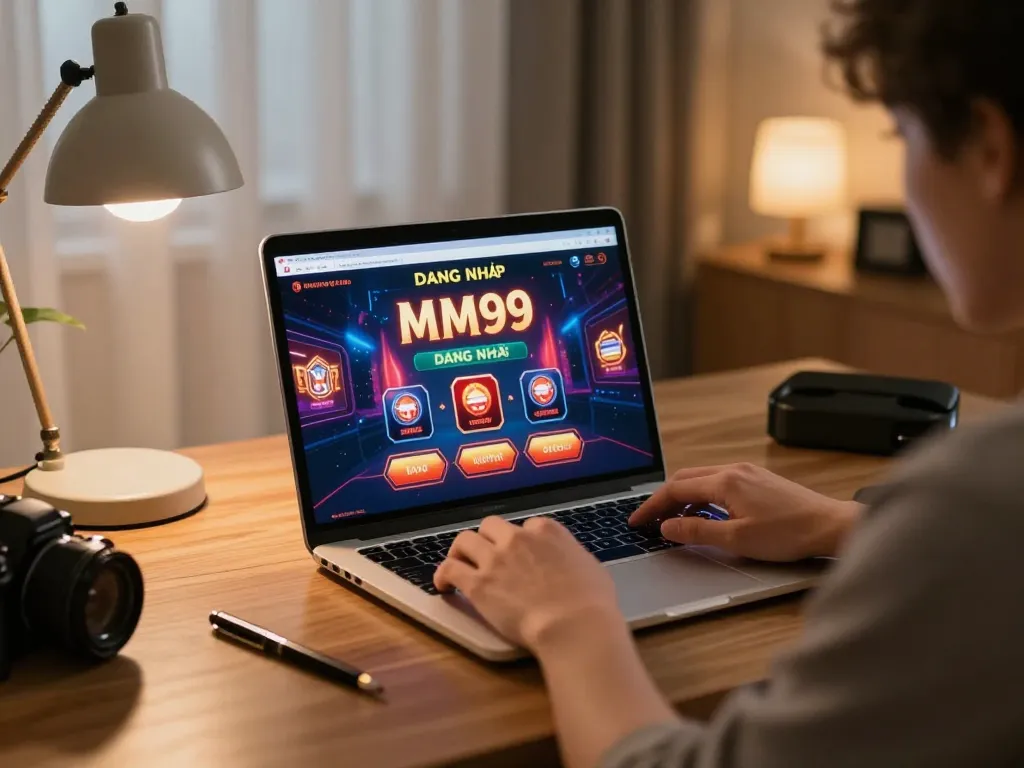 Gambling online with MM99 Đăng Nhập interface displayed on a laptop in a cozy home setting.