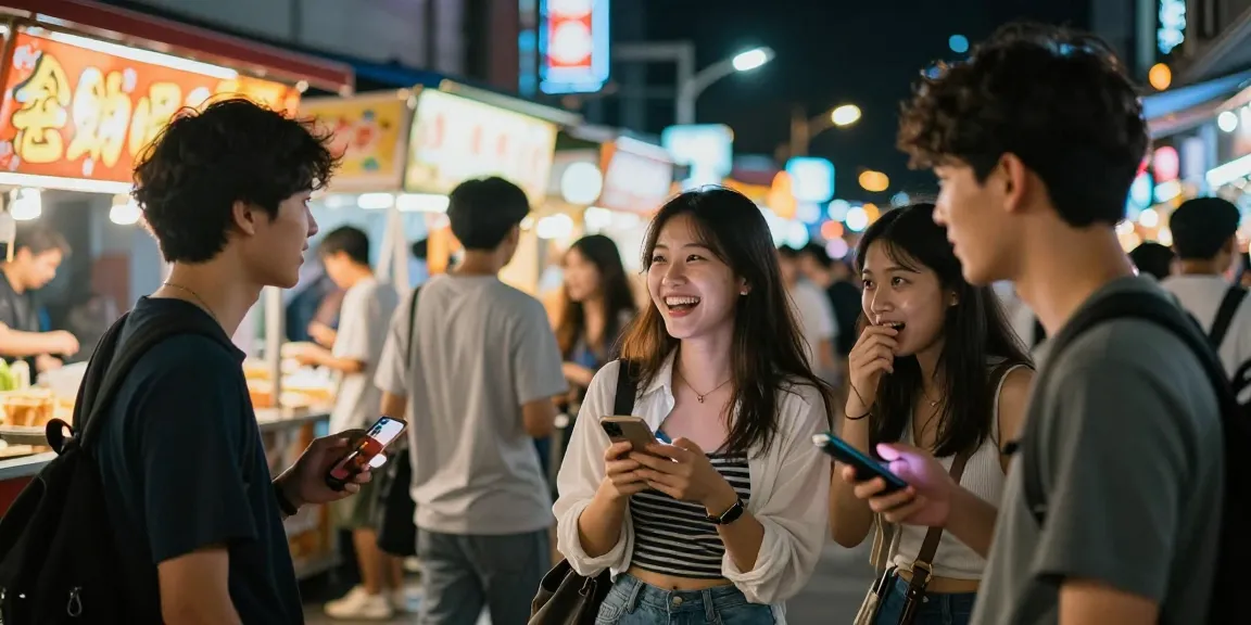 Gái gọi trong không gian sôi động của phố đêm, cùng bạn bè thưởng thức ẩm thực đường phố.