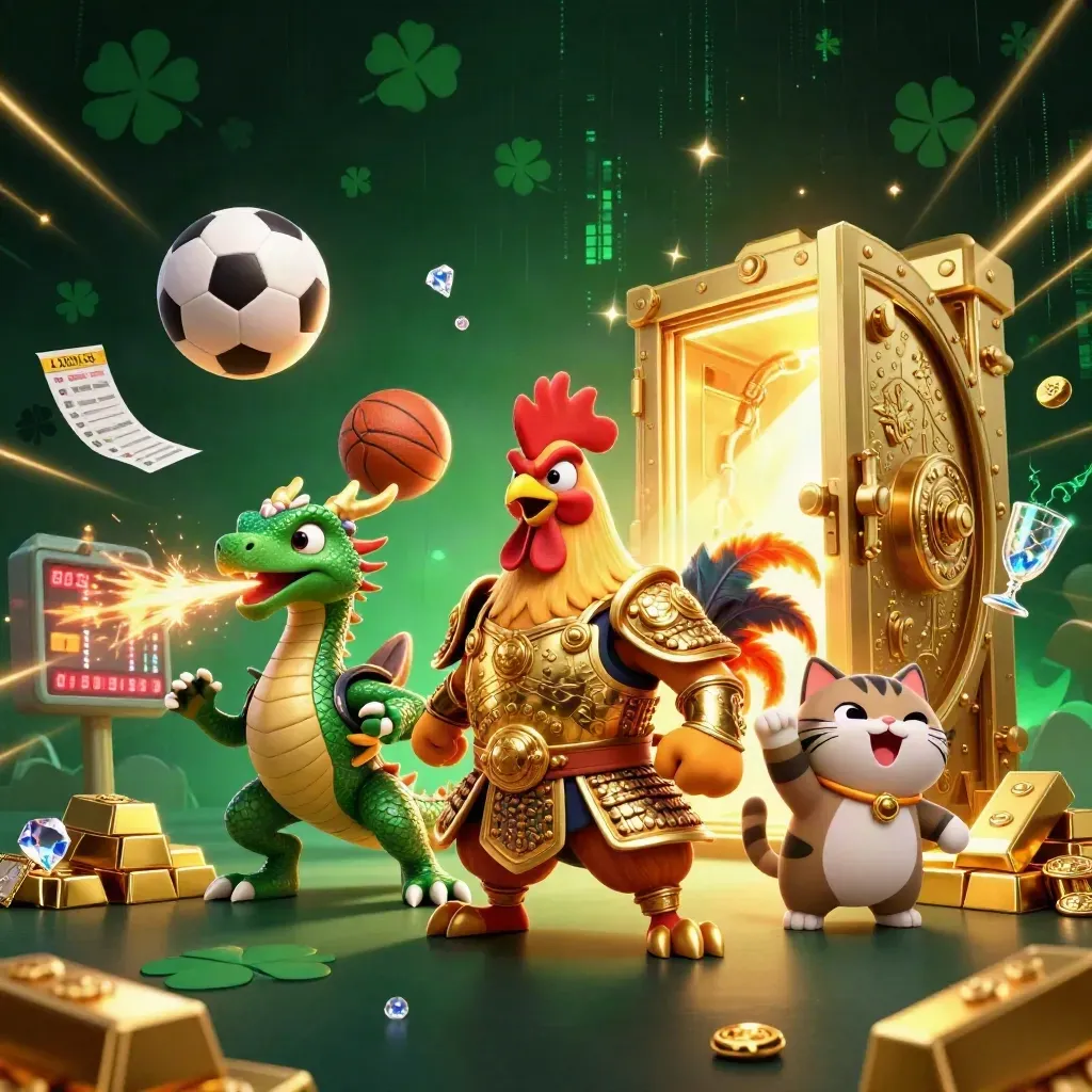 Rooster warrior, dragon hatchling, and fortune cat amid gold, sparks, balls, and casino treasure