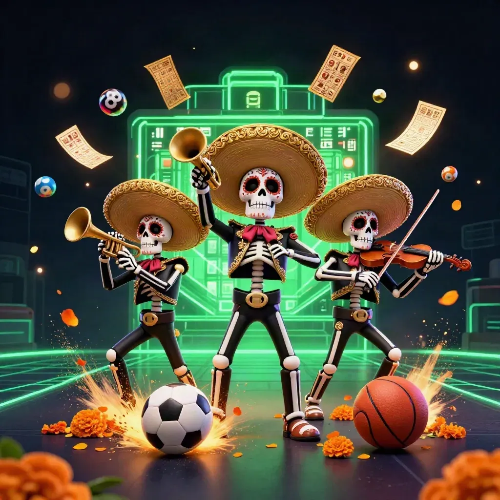 Skeleton mariachi trio amid casino props, balls, petals, and neon lights.